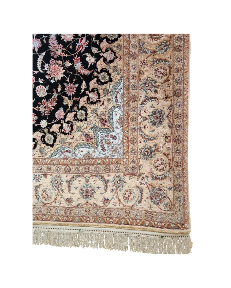 Handmade Black Persian Isfahan Silk and Wool Rug 321229